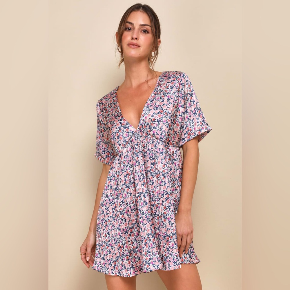 Lulus Express Yourself Blush Pink Floral Print Satin Babydoll Dress